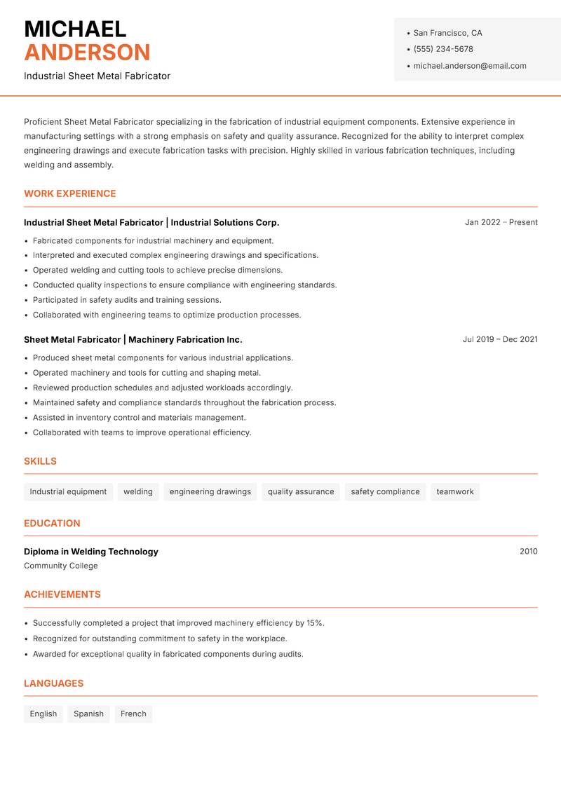 Sheet Metal Fabricator resume template — Modern Professional