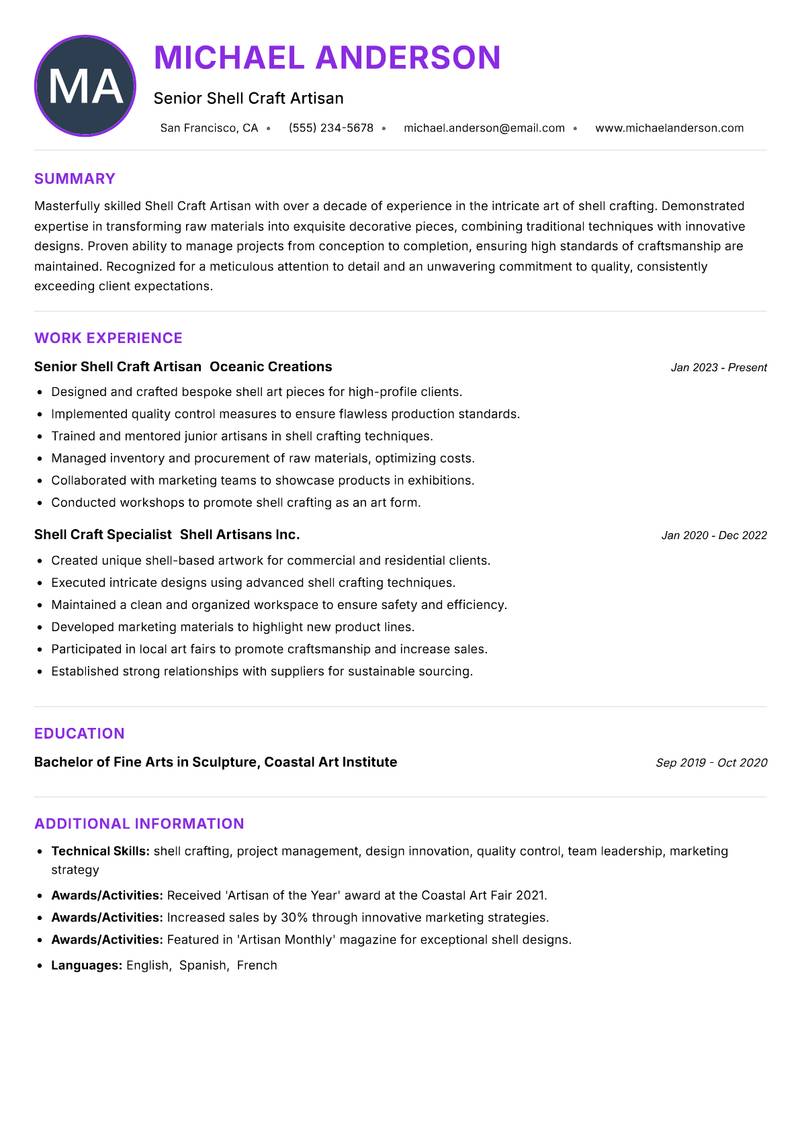Shell Craft Artisan resume example — ATS-friendly template