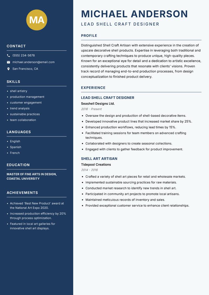 Shell Craft Artisan resume template — Classic Clean