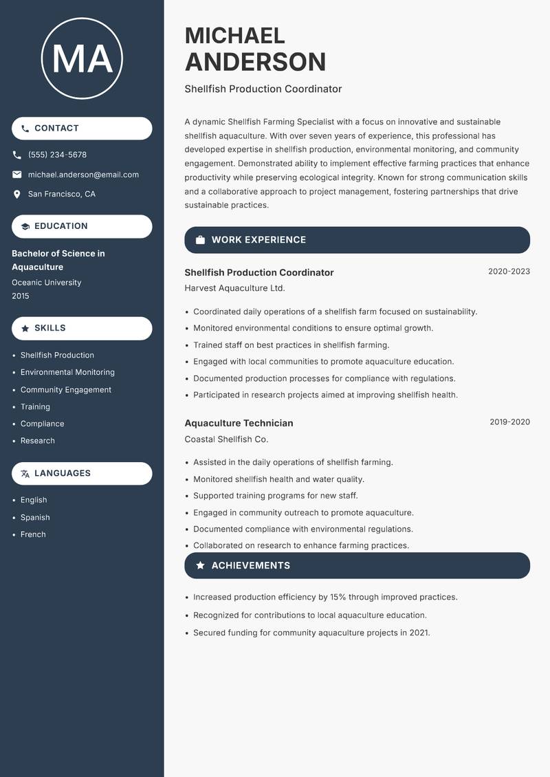 Shellfish Farming Specialist resume template — Compact