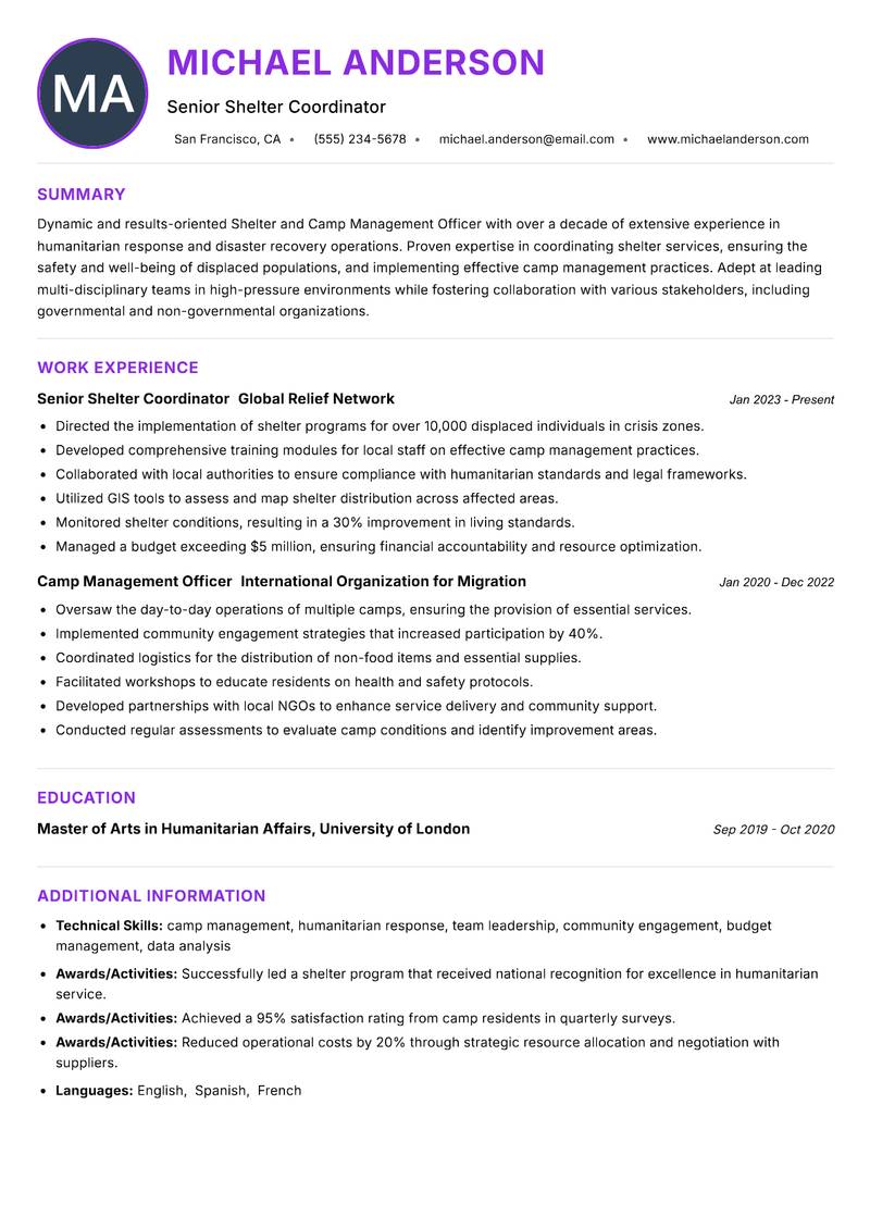 Shelter and Camp Management Officer resume example — ATS-friendly template