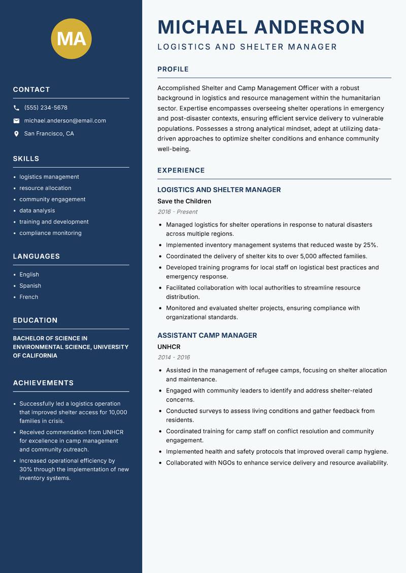 Shelter and Camp Management Officer resume template — Classic Clean