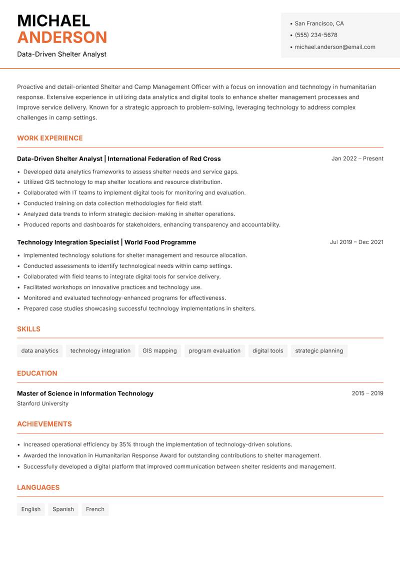 Shelter and Camp Management Officer resume template — Modern Professional