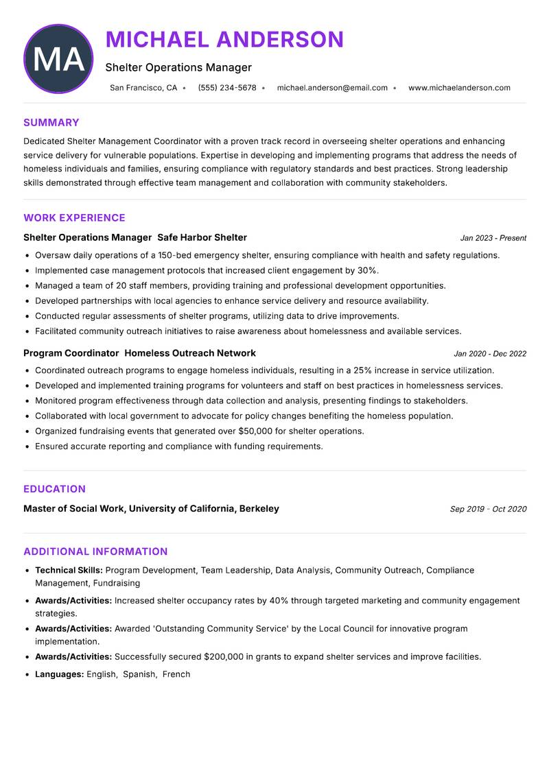 Shelter Management Coordinator resume example — ATS-friendly template