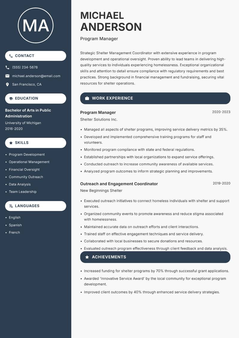 Shelter Management Coordinator resume template — Compact