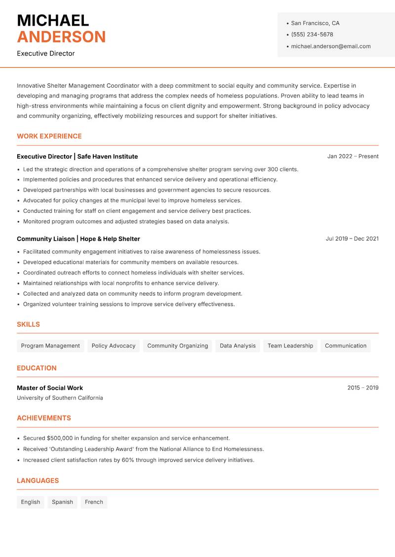 Shelter Management Coordinator resume template — Modern Professional