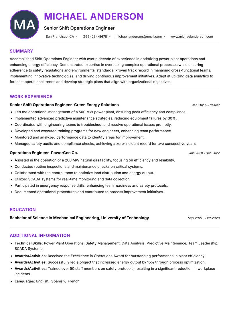 Shift Operations Engineer Power Plant resume example — ATS-friendly template