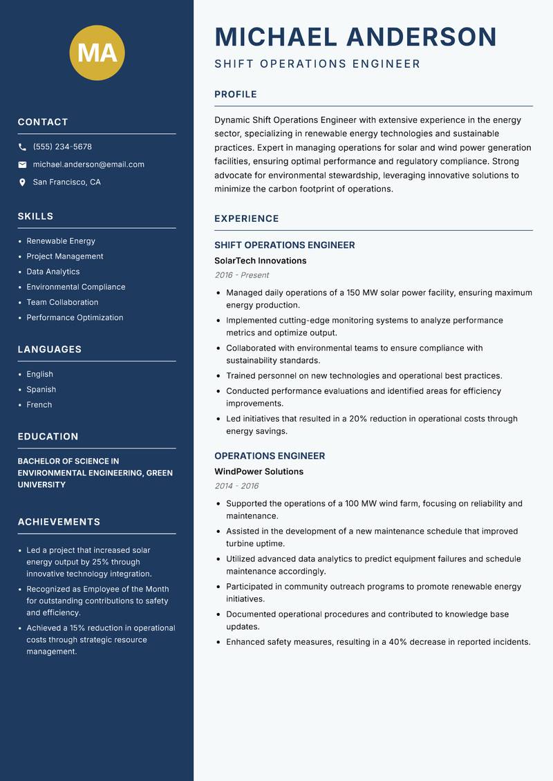 Shift Operations Engineer Power Plant resume template — Classic Clean