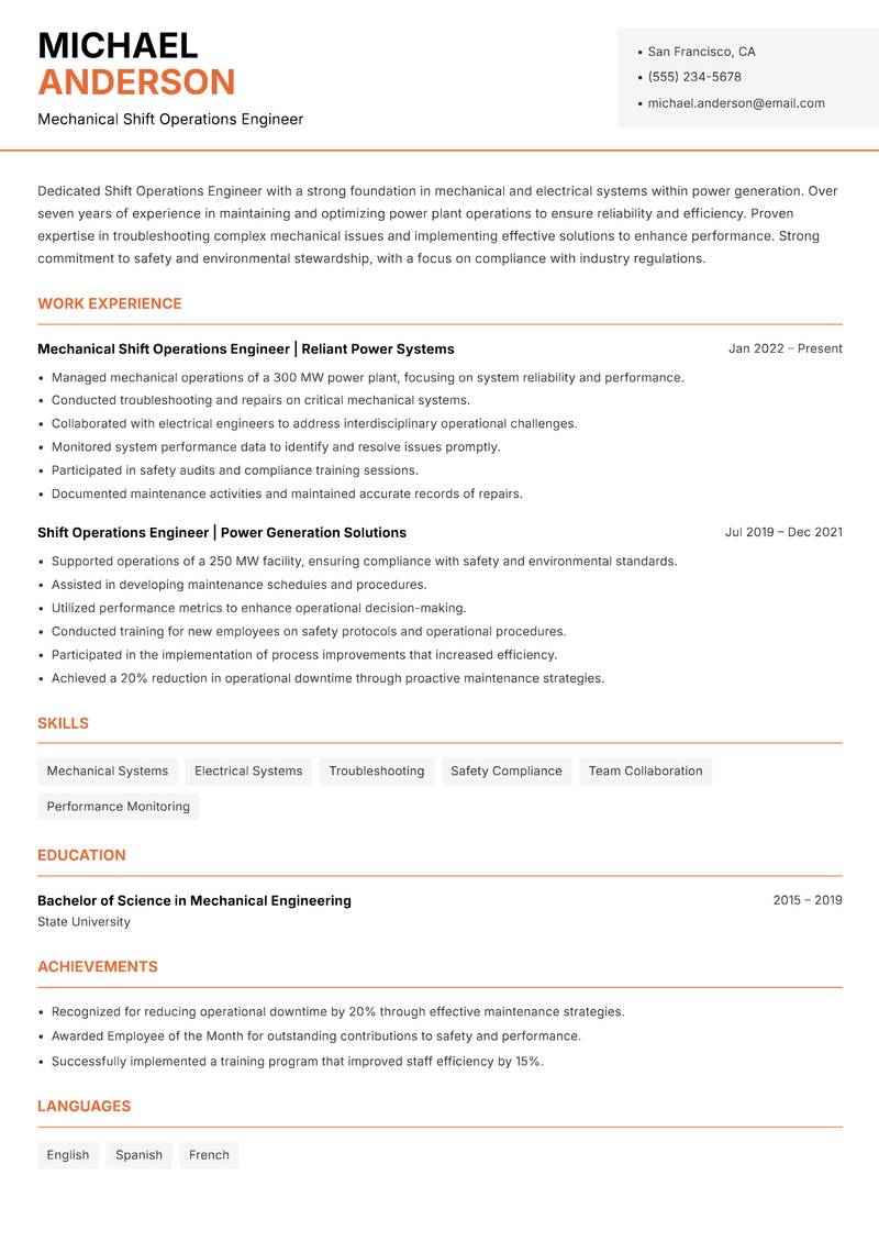 Shift Operations Engineer Power Plant resume template — Modern Professional