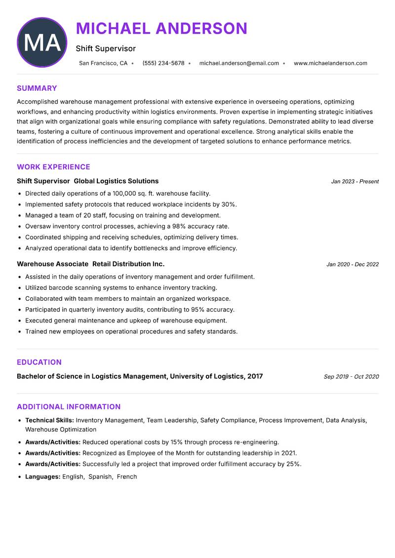 Shift Supervisor Warehouse resume example — ATS-friendly template