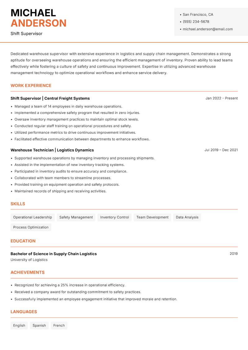 Shift Supervisor Warehouse resume template — Modern Professional