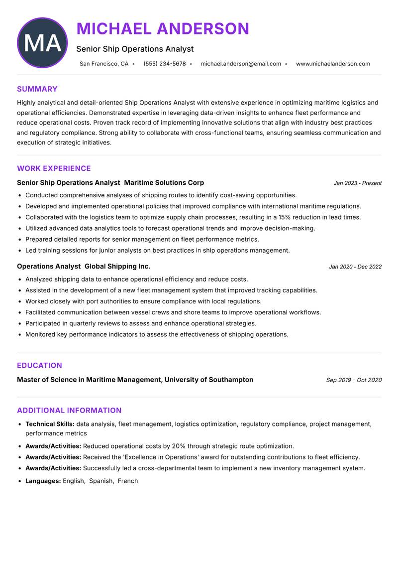 Ship Operations Analyst resume example — ATS-friendly template
