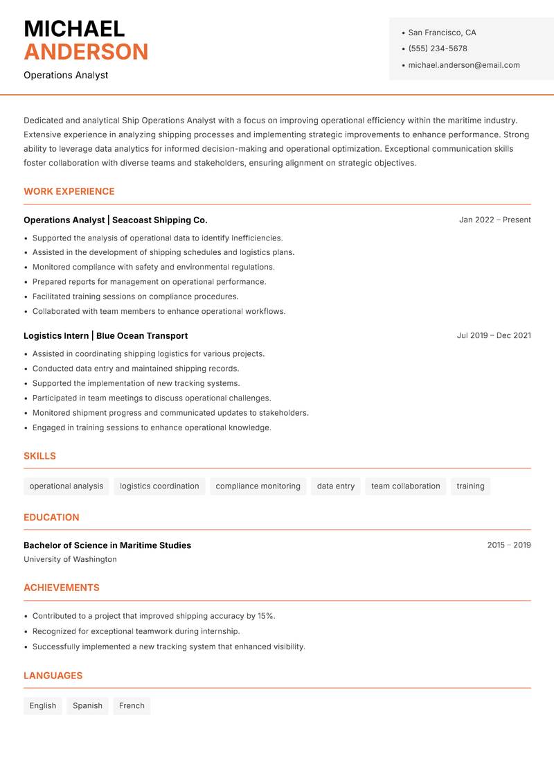 Ship Operations Analyst resume template — Modern Professional