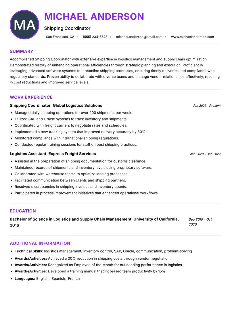 Shipping Coordinator resume example — ATS-friendly template