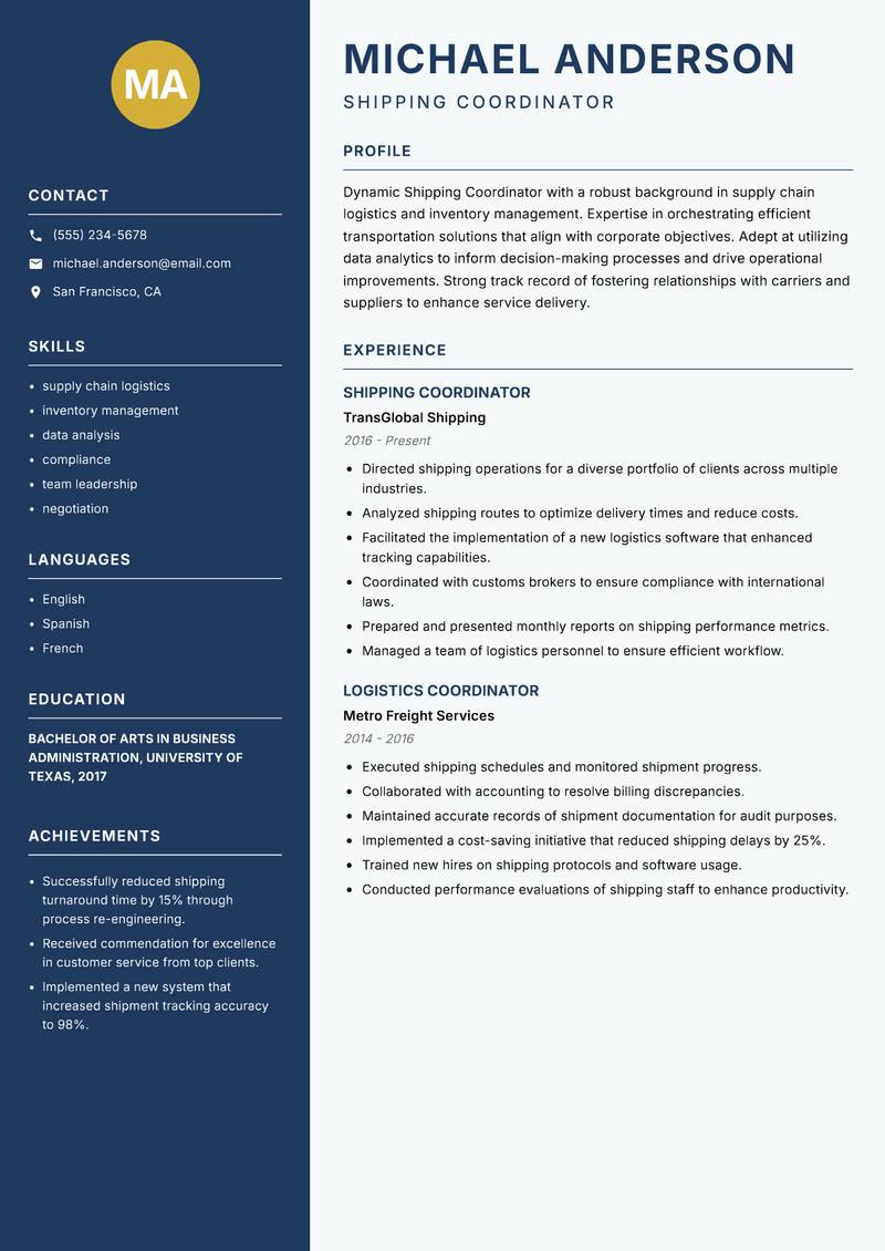 Shipping Coordinator resume template — Classic Clean