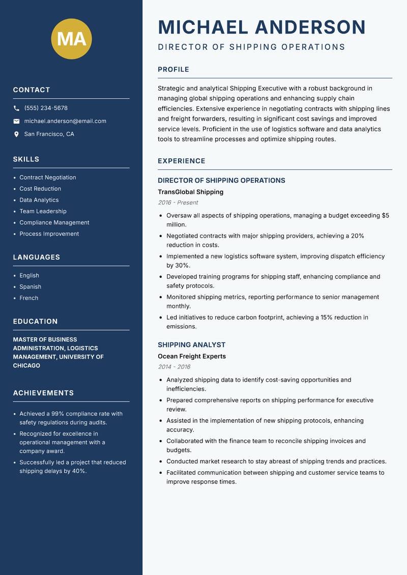 Shipping Executive resume template — Classic Clean