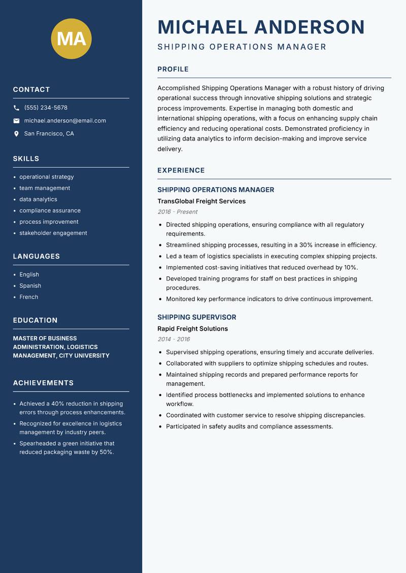Shipping Operations Manager resume template — Classic Clean