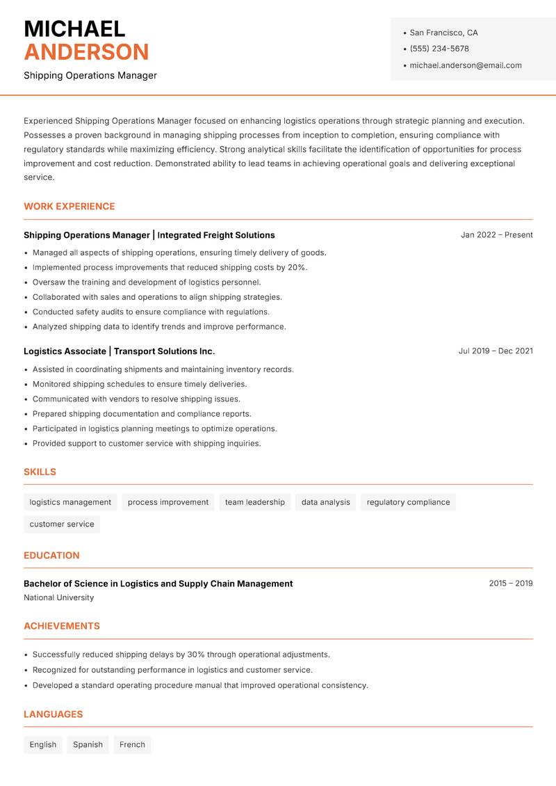 Shipping Operations Manager resume template — Modern Professional