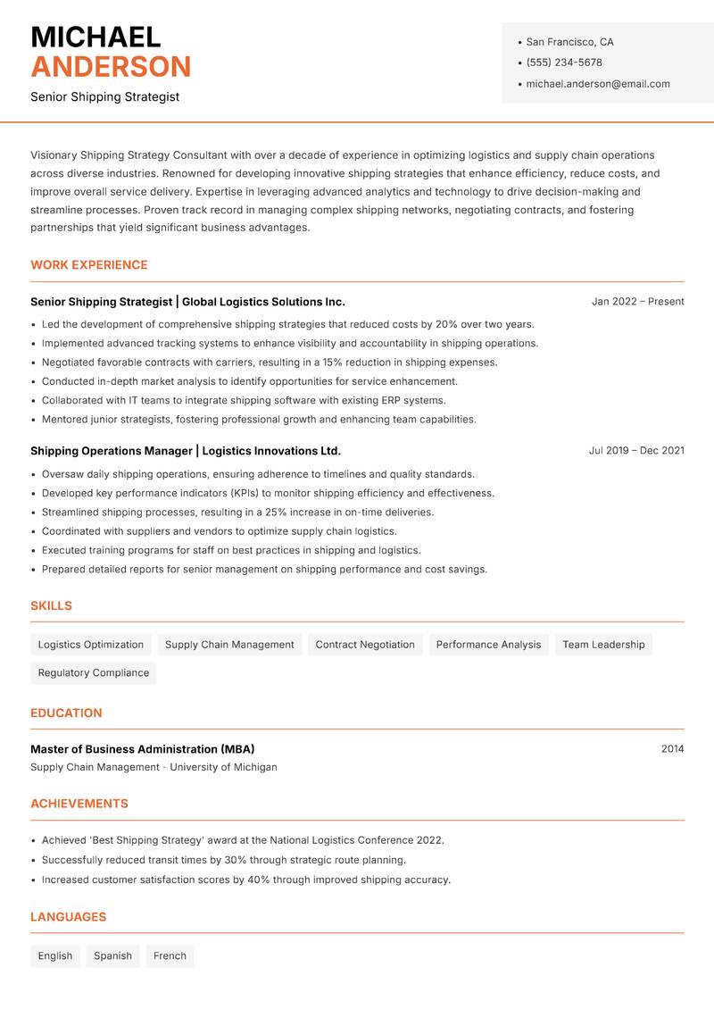 Shipping Strategy Consultant resume template — Modern Professional