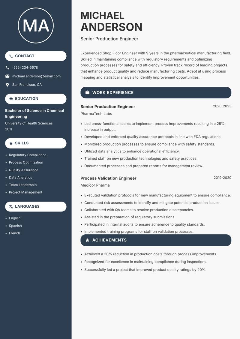 Shop Floor Engineer resume template — Compact