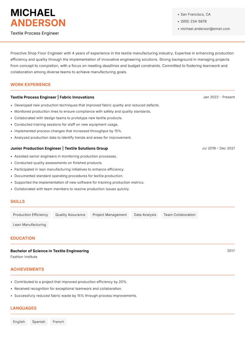 Shop Floor Engineer resume template — Modern Professional
