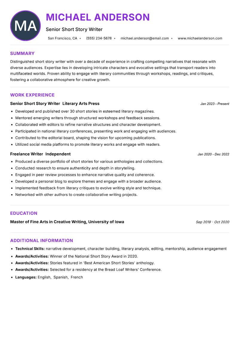 Short Story Writer resume example — ATS-friendly template