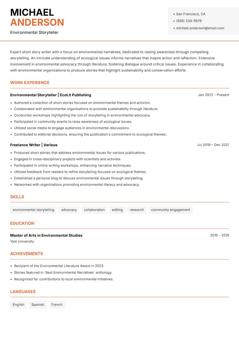 Short Story Writer resume template — Modern Professional