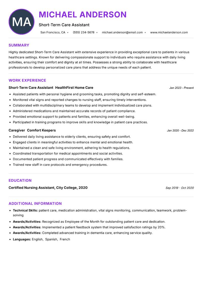 Short-Term Care Assistant resume example — ATS-friendly template