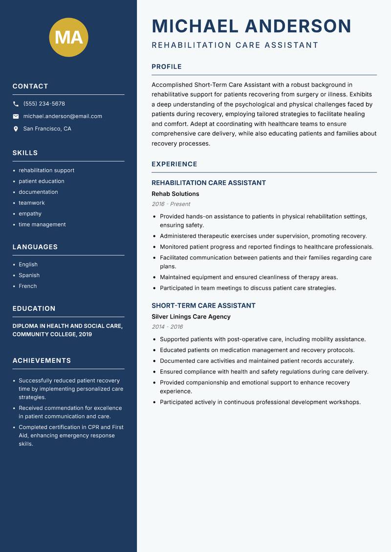 Short-Term Care Assistant resume template — Classic Clean