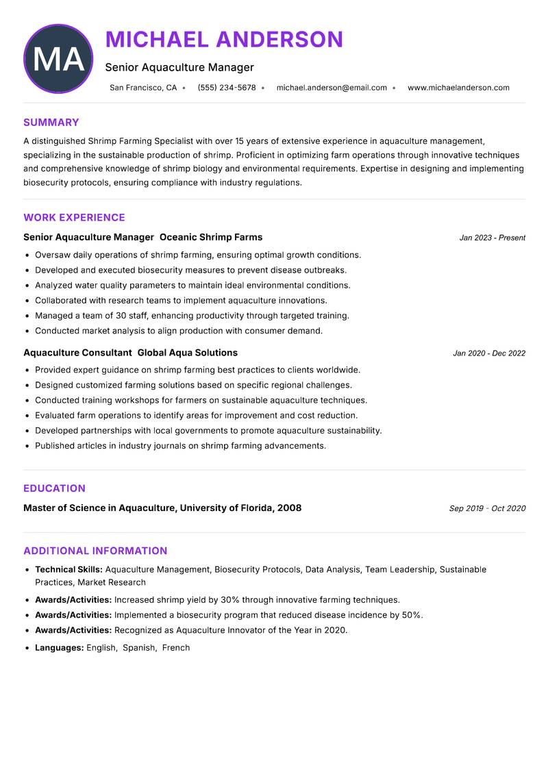 Shrimp Farming Specialist resume example — ATS-friendly template