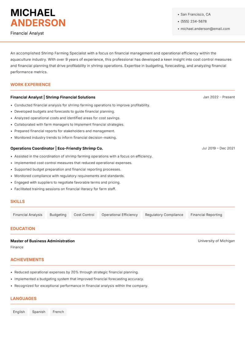 Shrimp Farming Specialist resume template — Modern Professional