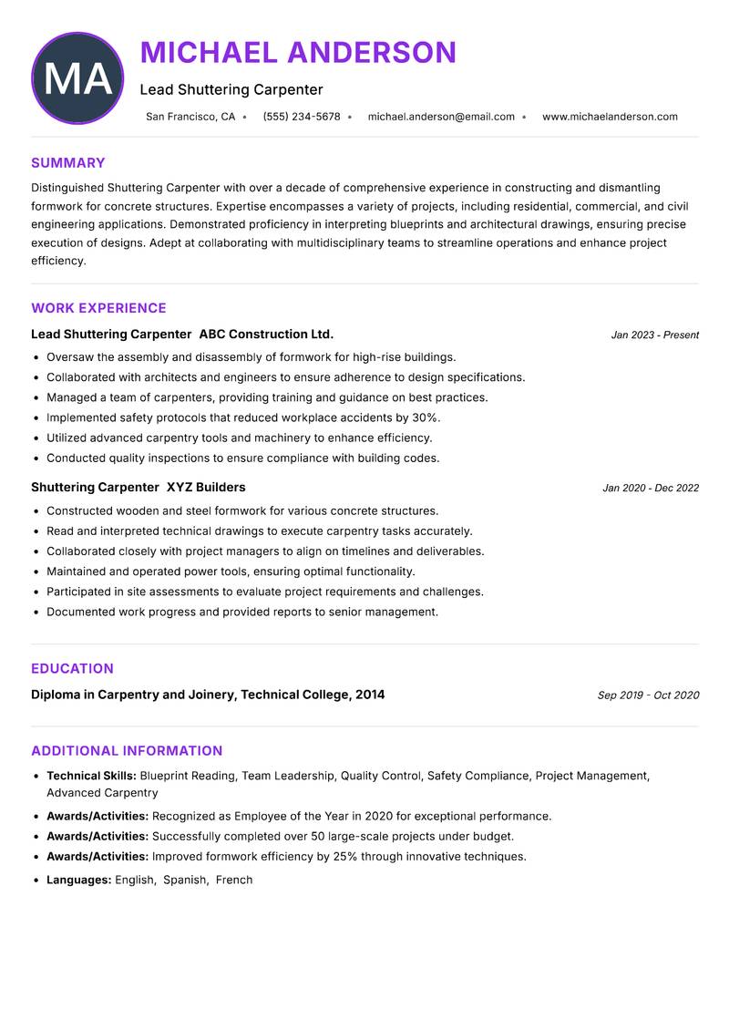 Shuttering Carpenter resume example — ATS-friendly template