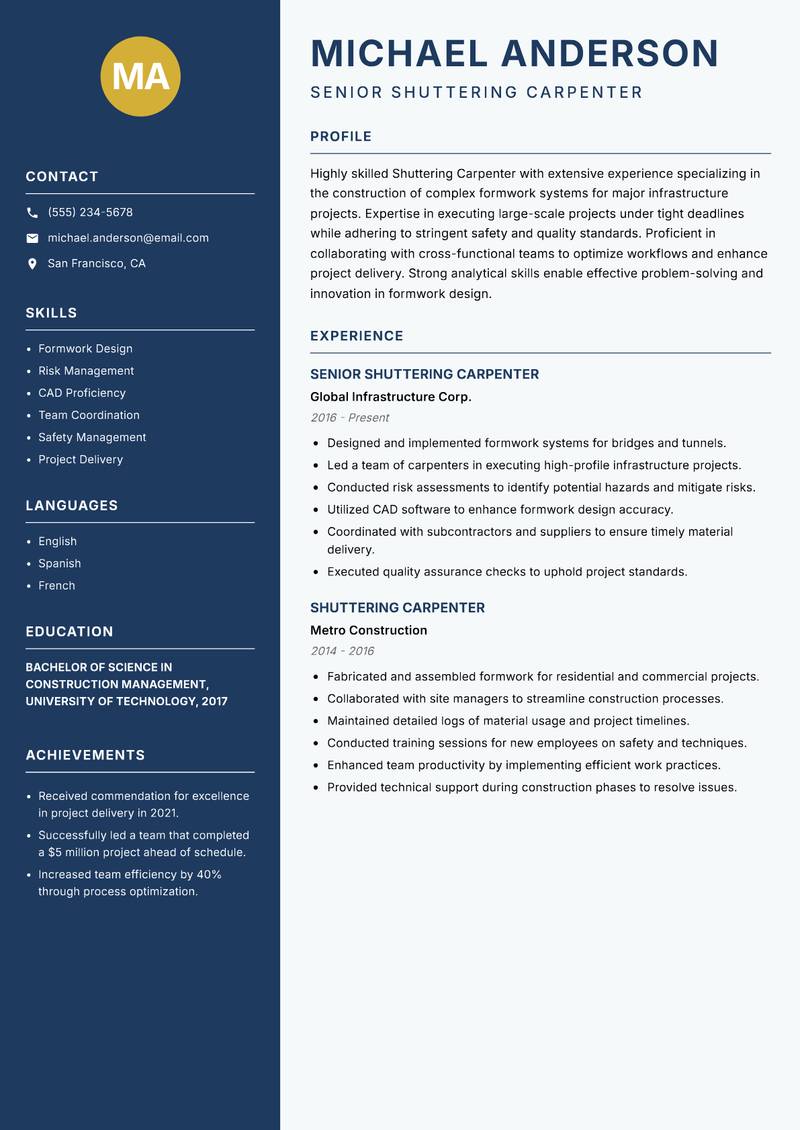 Shuttering Carpenter resume template — Classic Clean
