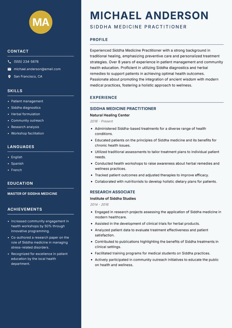 Siddha Medicine Practitioner resume template — Classic Clean