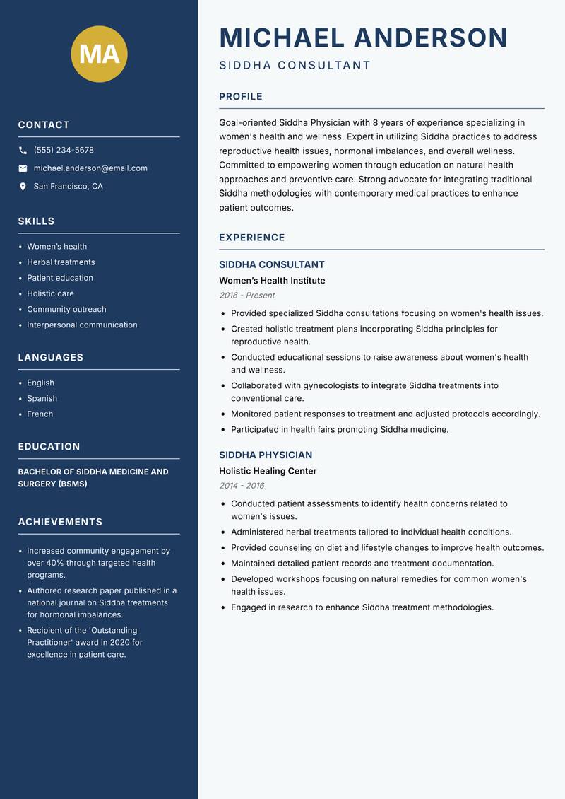 Siddha Physician resume template — Classic Clean