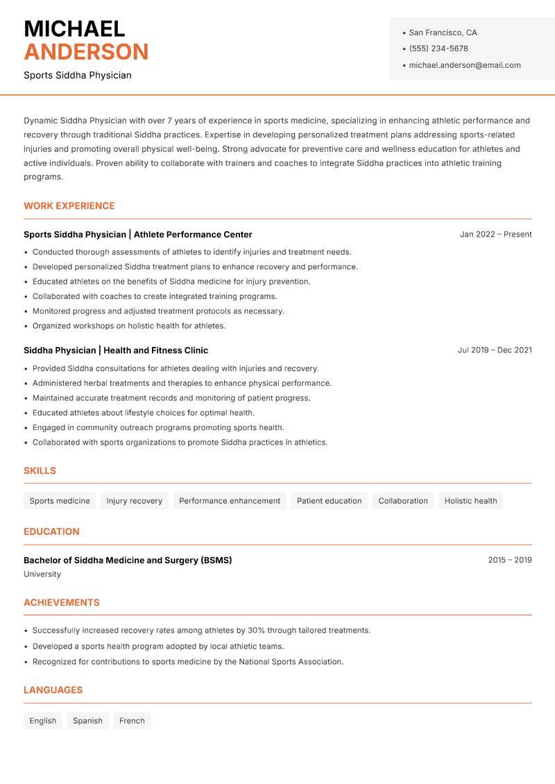 Siddha Physician resume template — Modern Professional