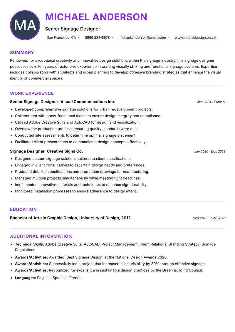 Signage Designer resume example — ATS-friendly template