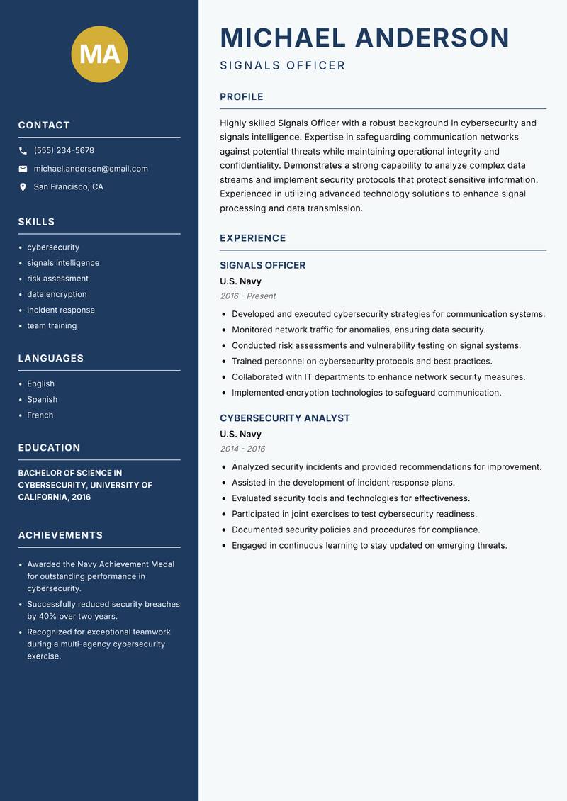 Signals Officer resume template — Classic Clean