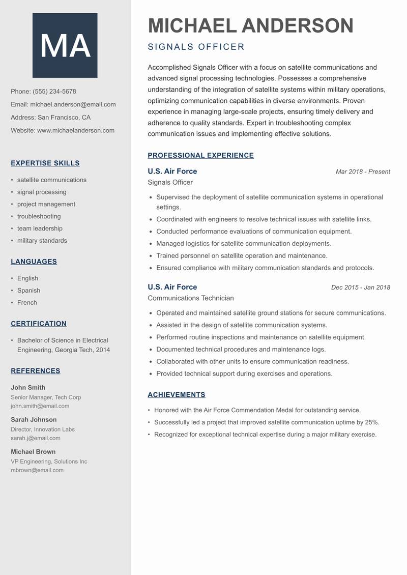 Signals Officer resume template — Creative Minimal