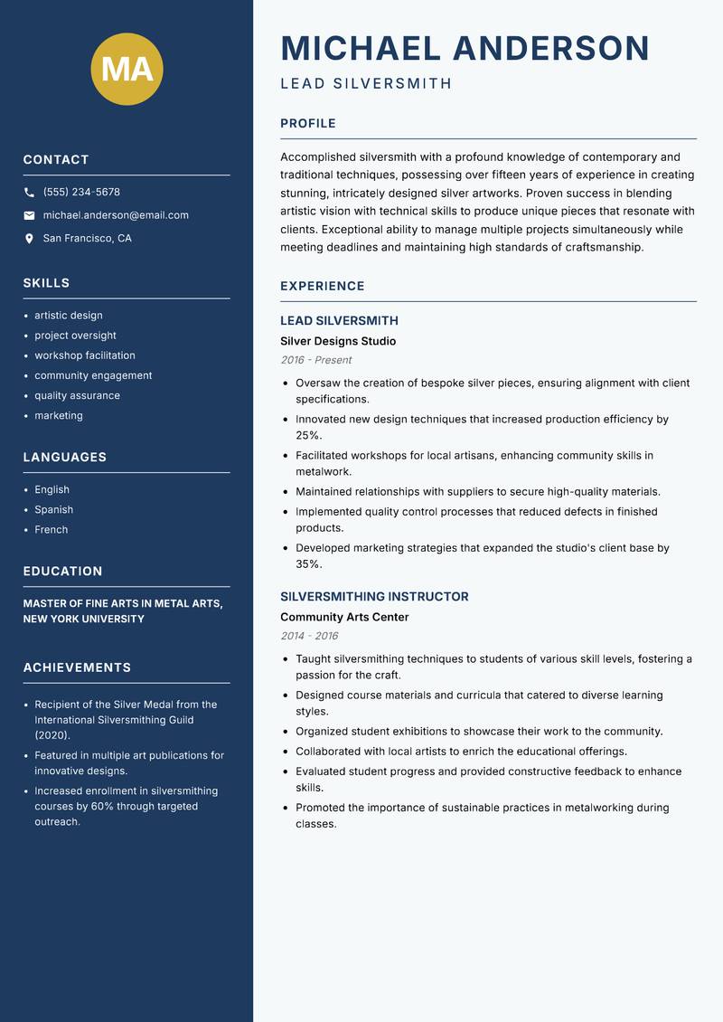 Silversmith resume template — Classic Clean