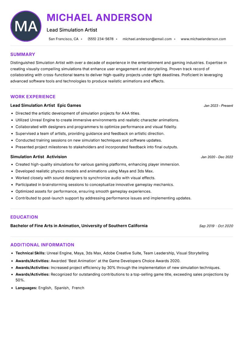 Simulation Artist resume example — ATS-friendly template