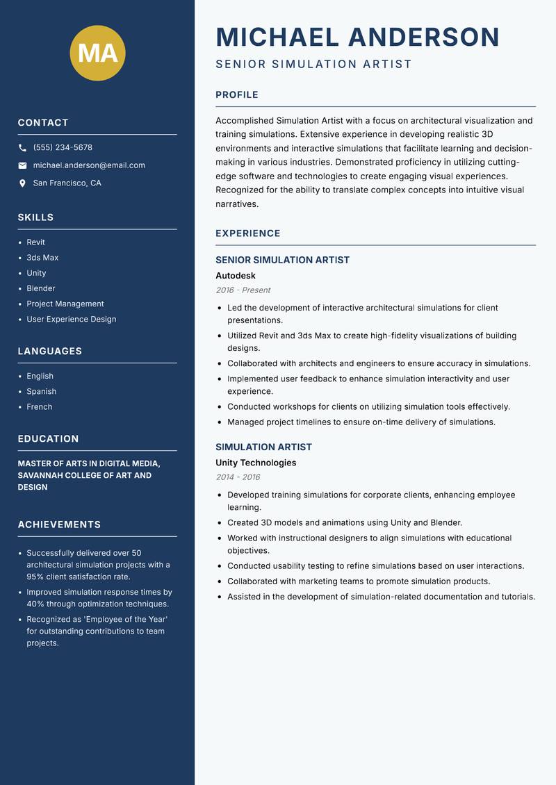 Simulation Artist resume template — Classic Clean