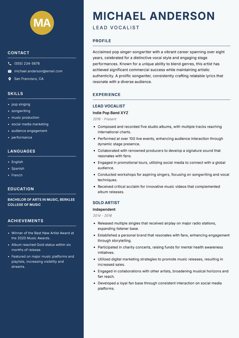 Singer resume template — Classic Clean