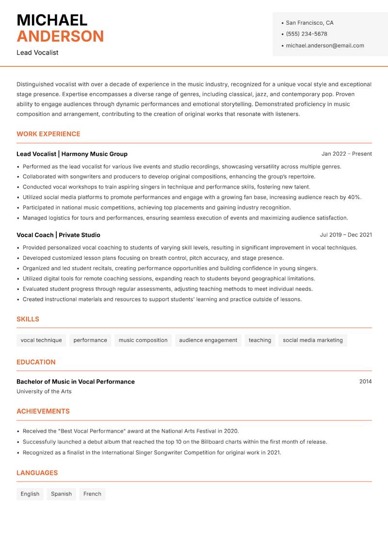 Singer resume template — Modern Professional