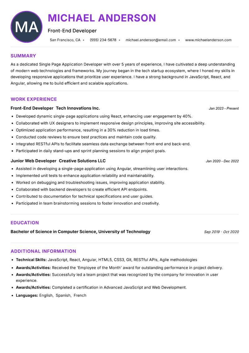 Single Page Application Developer resume example — ATS-friendly template