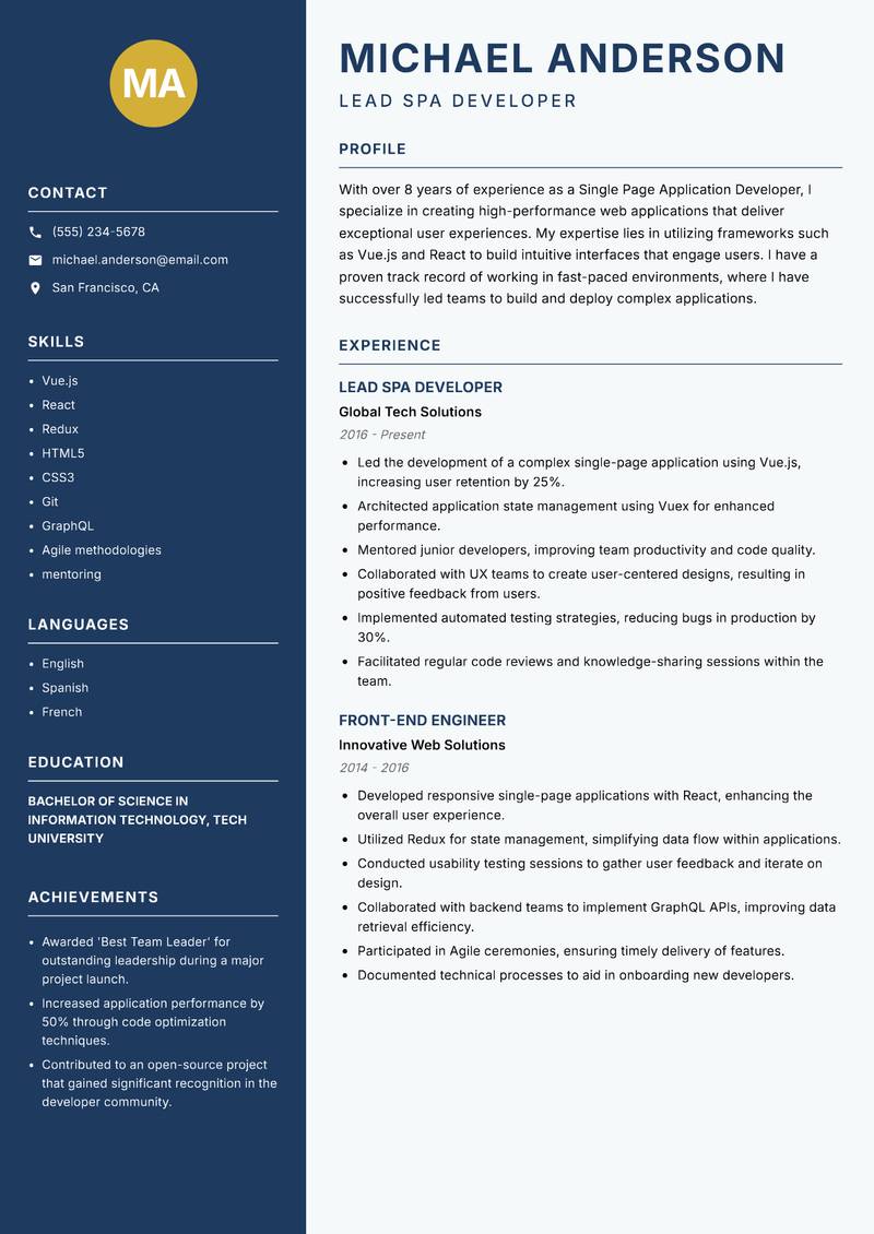 Single Page Application Developer resume template — Classic Clean