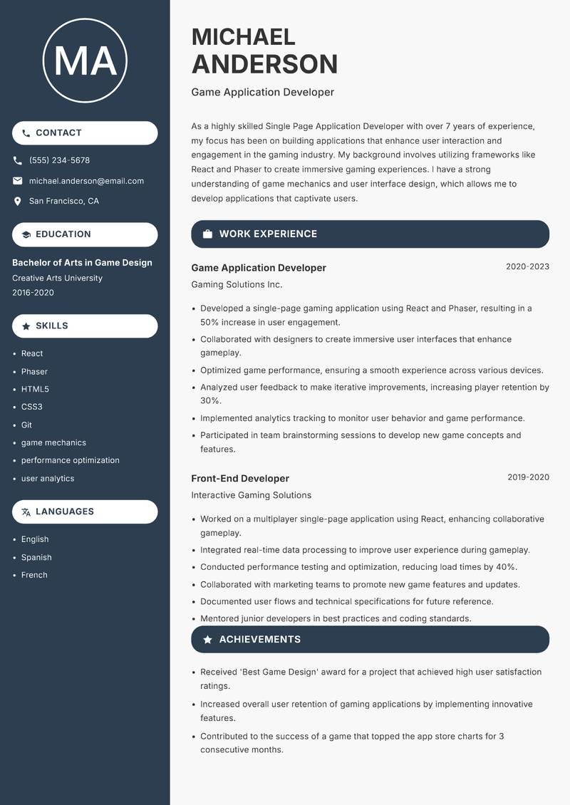 Single Page Application Developer resume template — Compact