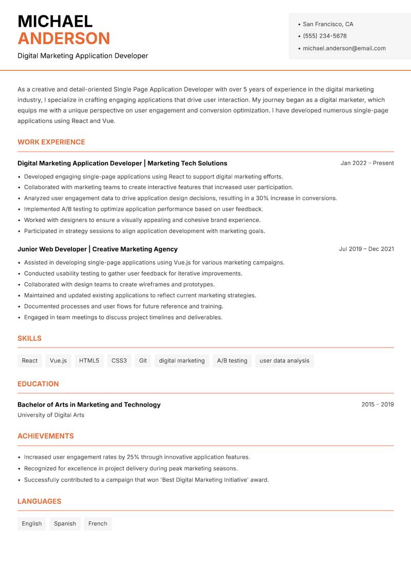 Single Page Application Developer resume template — Modern Professional
