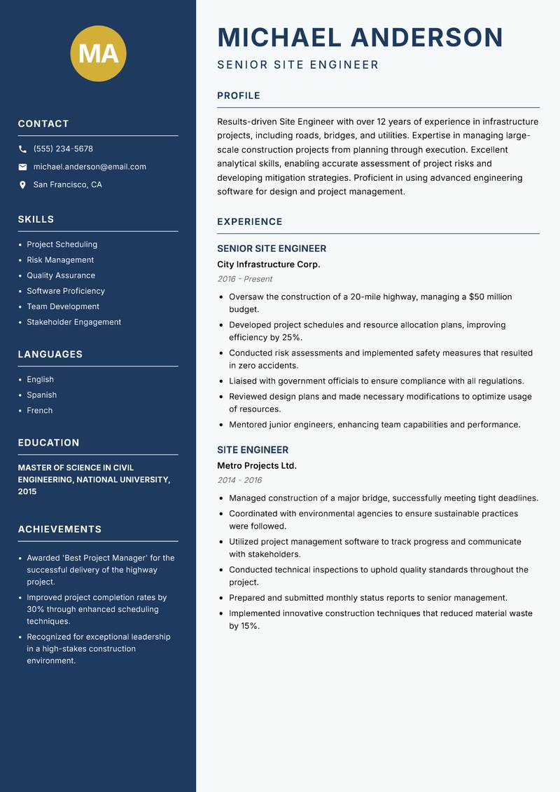 Site Engineer resume template — Classic Clean