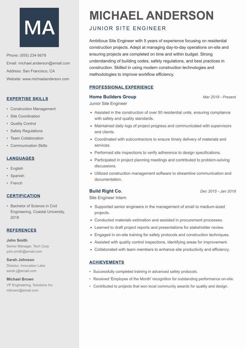 Site Engineer resume template — Creative Minimal